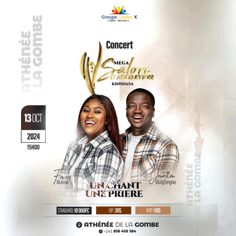 Le couple Jonathan et Faveur Munghongwa invitent à un Mega Salon d&rsquo;Adoration le 13 octobre à l&rsquo;Athénée de la Gombe